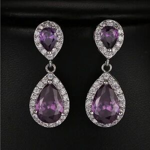 Amethyst Teardrop Halo Dangle Earrings - Purple Silver